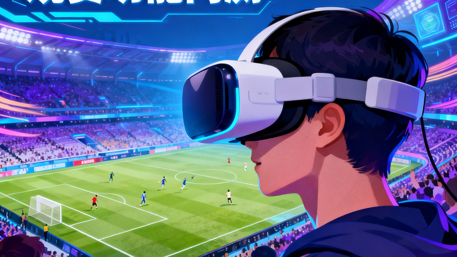 熊猫体育VR观赛功能内测画面，用户佩戴VR头显沉浸在虚拟球场中